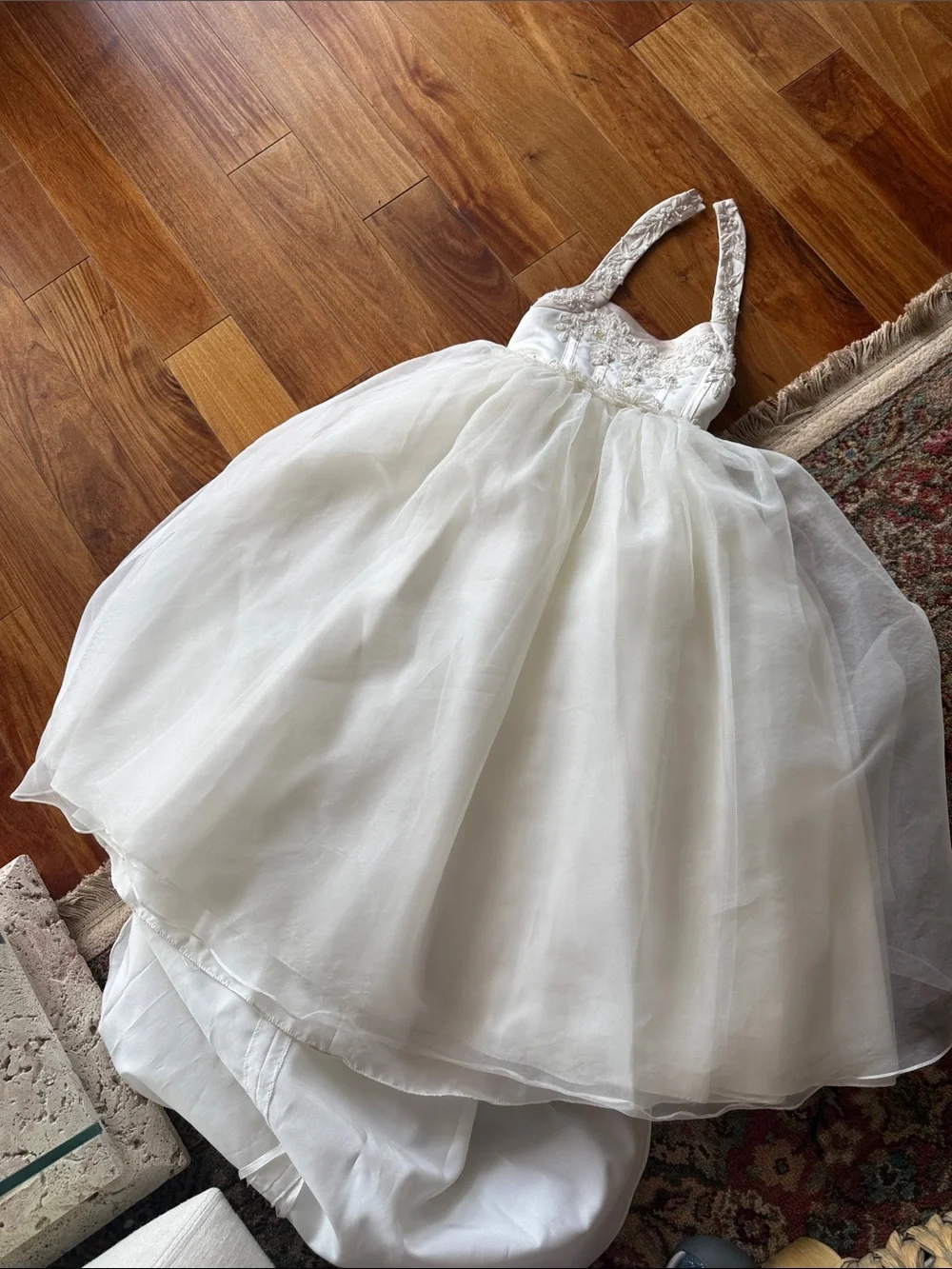 David's Bridal Ivory and Blush Embroidered Flower Girl Dress - Picture 3 of 8